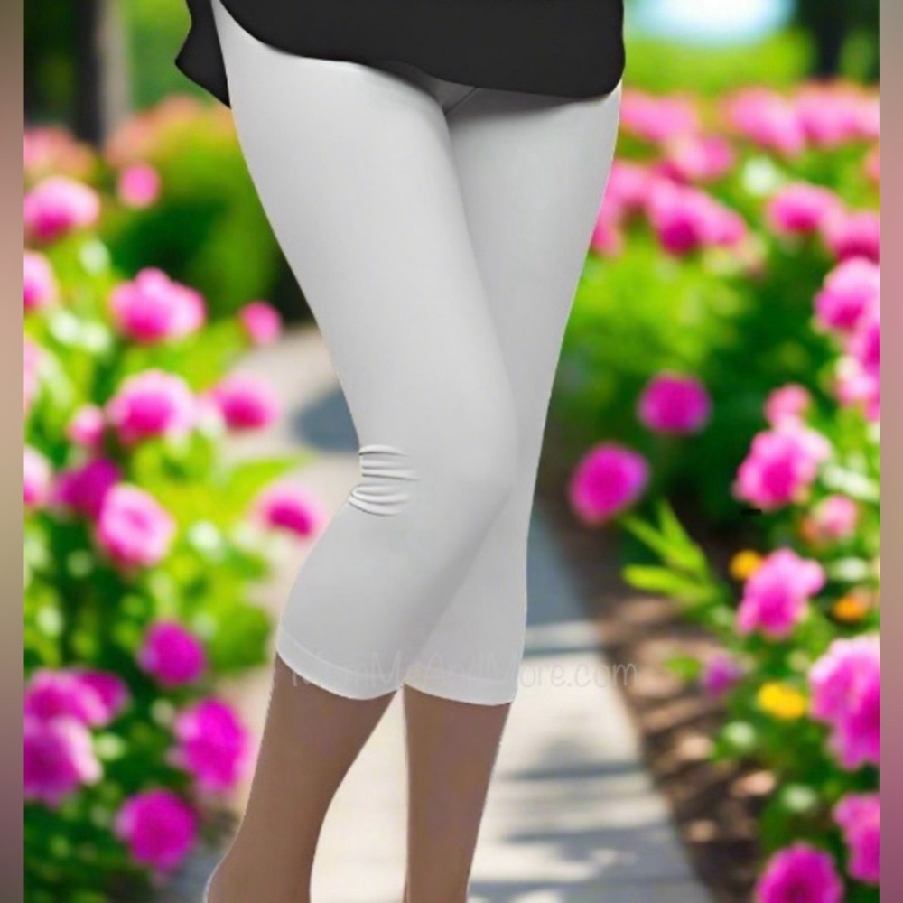 OS NEW Womens White Capri Leggings No Roll Waist Yoga Pants - Picture 3 of 9